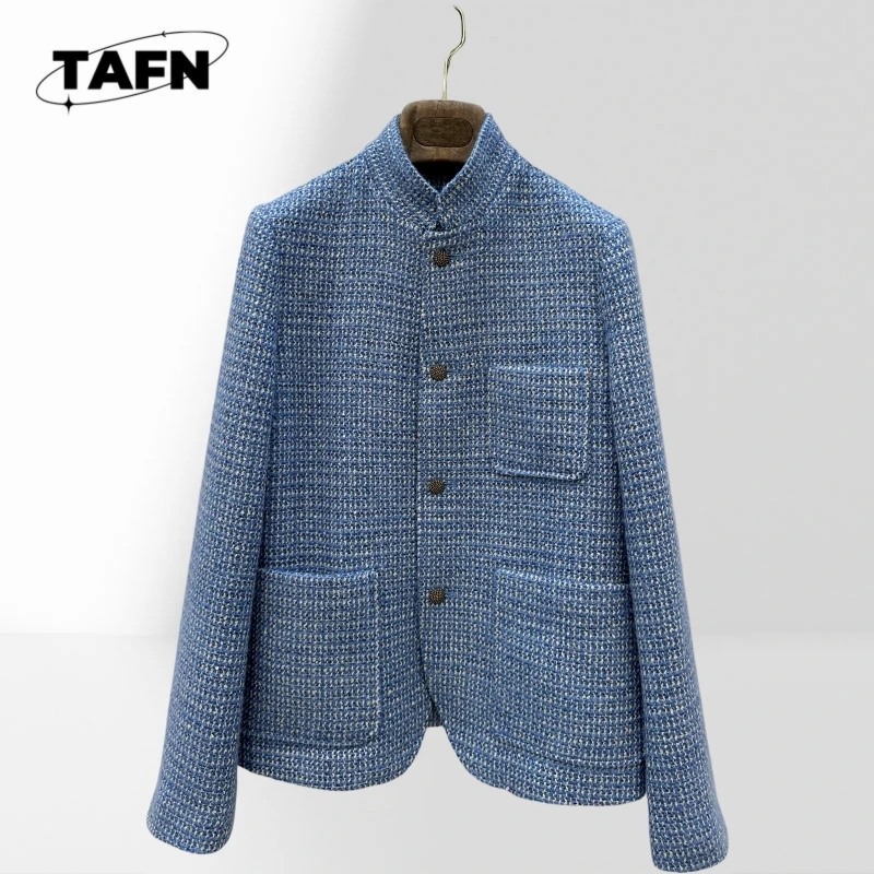 Luxury Wool Blend Tweed Jacket Women Stand Collar Button Front Cropped Blazer Elegant French Style Coat BC2286XX view 2