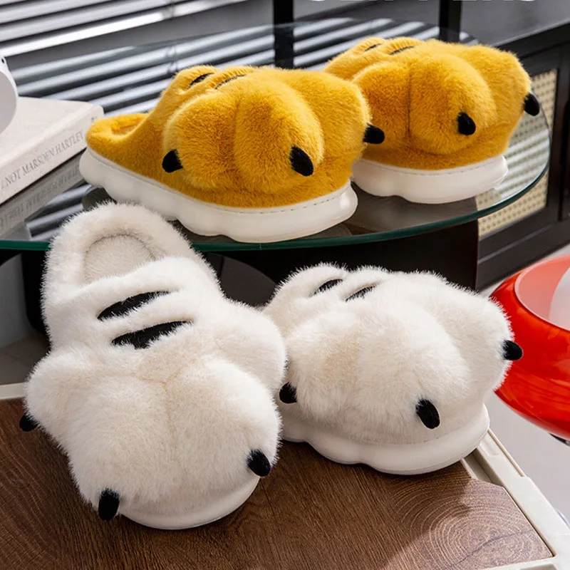 النمر مخلب الكرتون نعال من القطن امرأة الرجال الشتاء لطيف داخلي المنزل سميكة وحيد الأحذية المضادة للانزلاق الدافئة زائد المخملية النعال الذكور