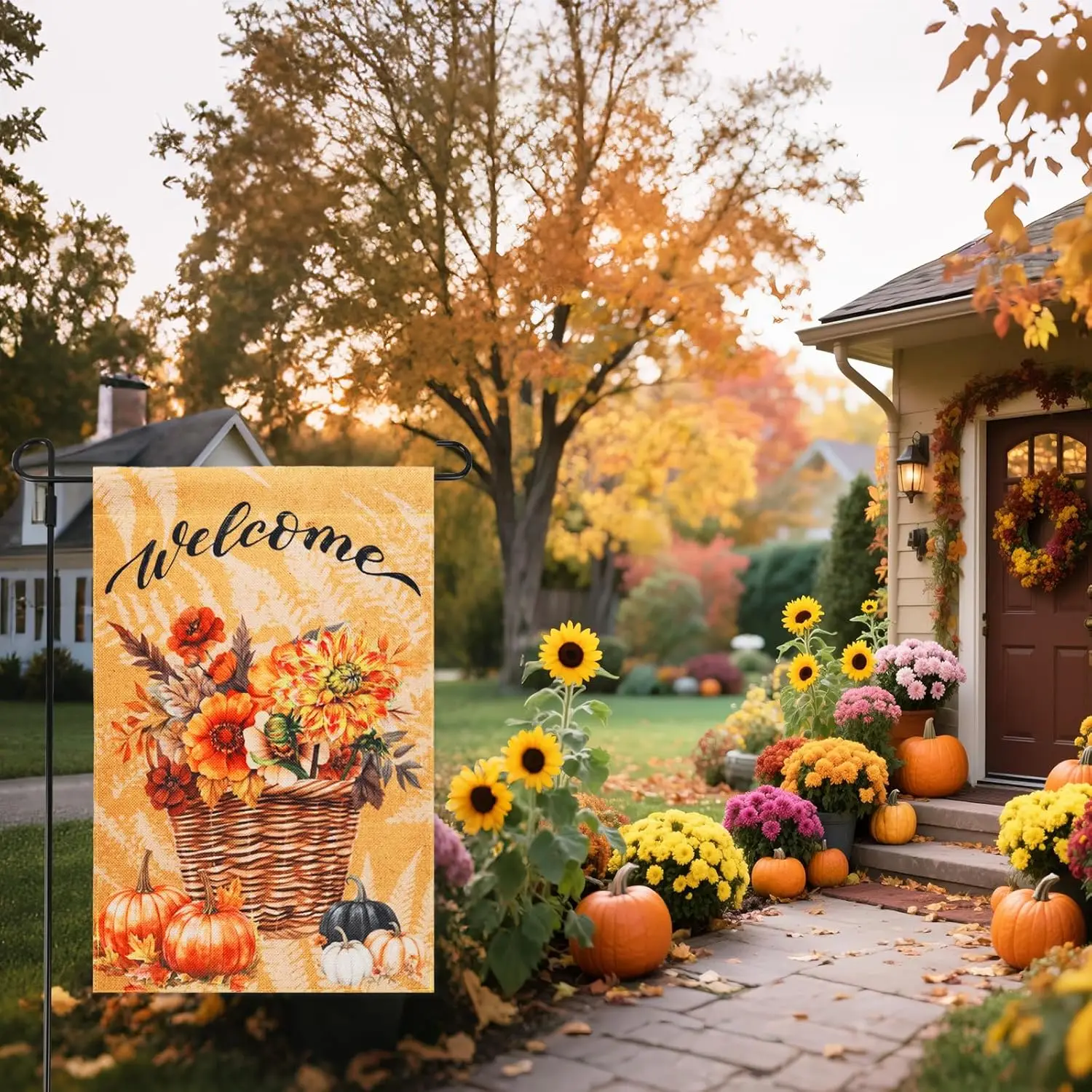 MATCING Fall Garden Flag 12x18 Inch Double Sided for Outdoors Small Burlap Autumn Flowers Pumpkins Welcome Yard Outdoor Flag yyi