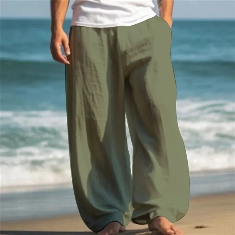 Men Double Side Pockets Loose Straight Pants Drawstring Stretch Mid Waist Long Trousers Male Daily Comfortable Casual Beach Wear