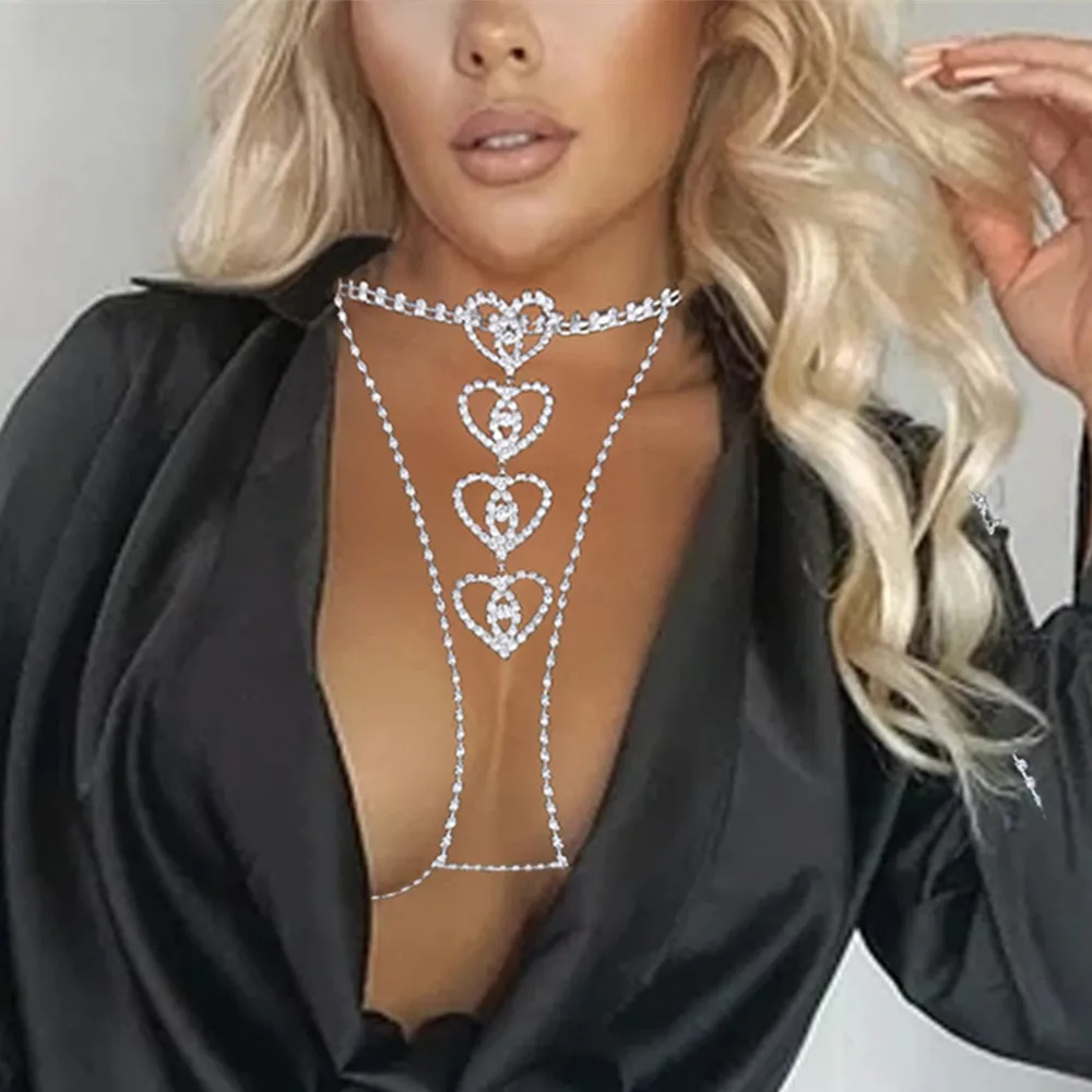 New Design Rhinestone Heart Body Chest Chain Bra Top Necklace for Women Luxury Crystal Sexy Dollar Thong Panties Underwear Set