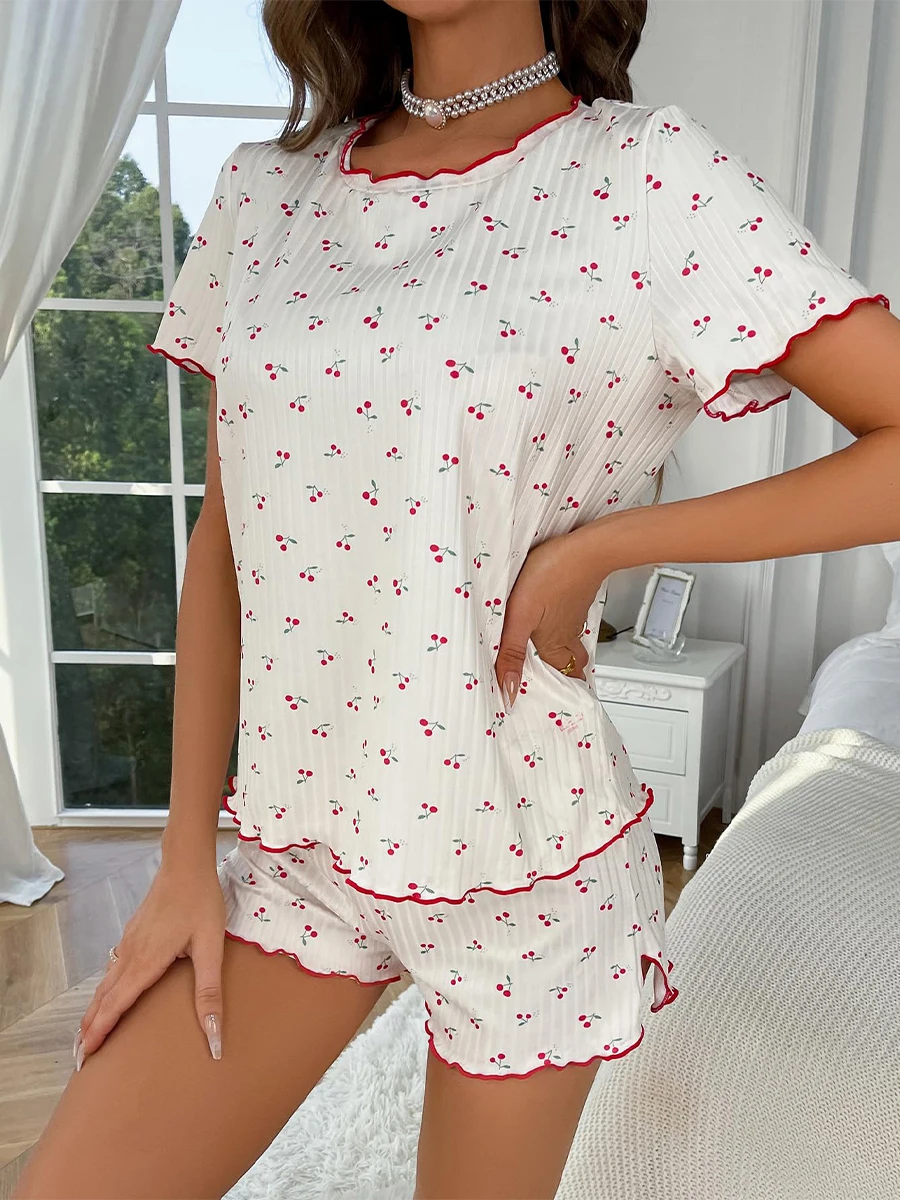 

Women Soft 2 Piece Pajama Set Cherry Print Cute Frill Short Sleeve Tops Elastic Waist Short Outfits Homewear Loungewear