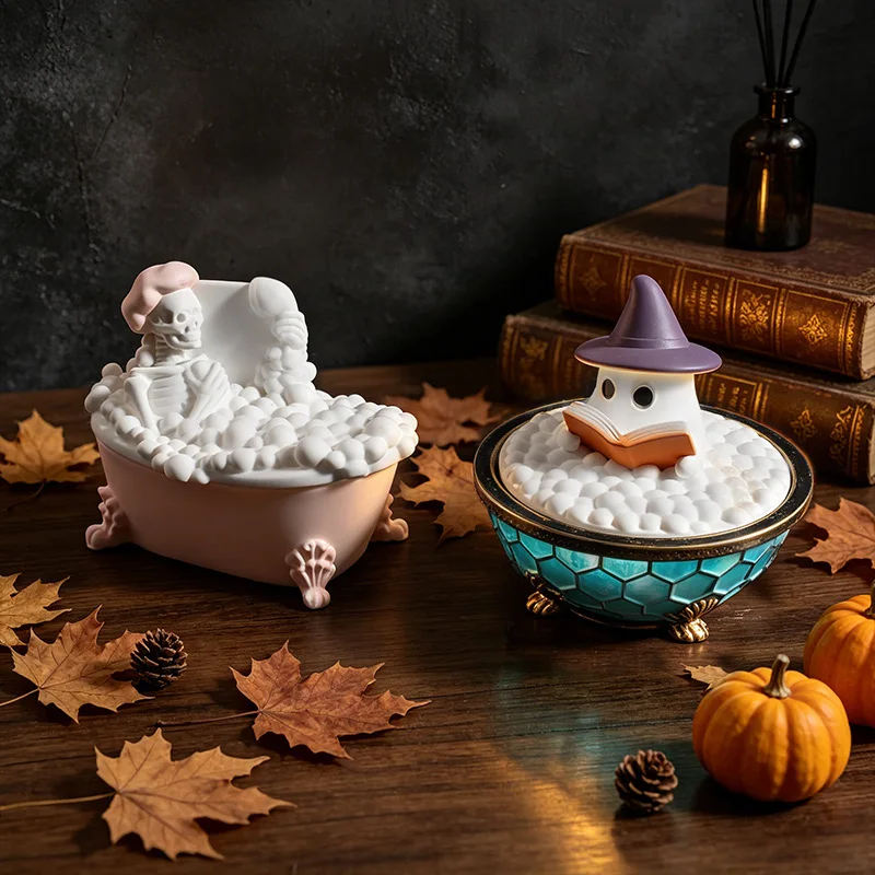 Human Skeleton Ghost Bathtub Storage Box Silicone Mold DIY Halloween Decor Candle Cup Jar And Lid Casting Plaster Resin Mold - view 6