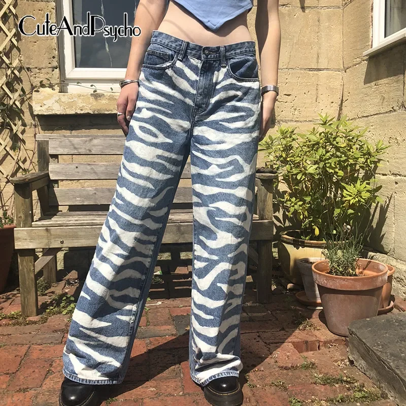 

Zebra Printed Ladies 2023 New Loose Jeans Streetwear Fashion High Waist Sweatpants Wide Leg Pants Jeans