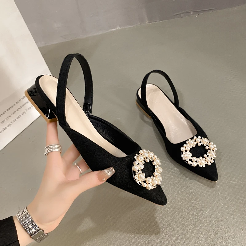 

Women High Heel Sandals Summer New Fashion Pointed Toe Rhinestone Formal Back Empty Comfortable Ladies Party Luxury Mule Shoes