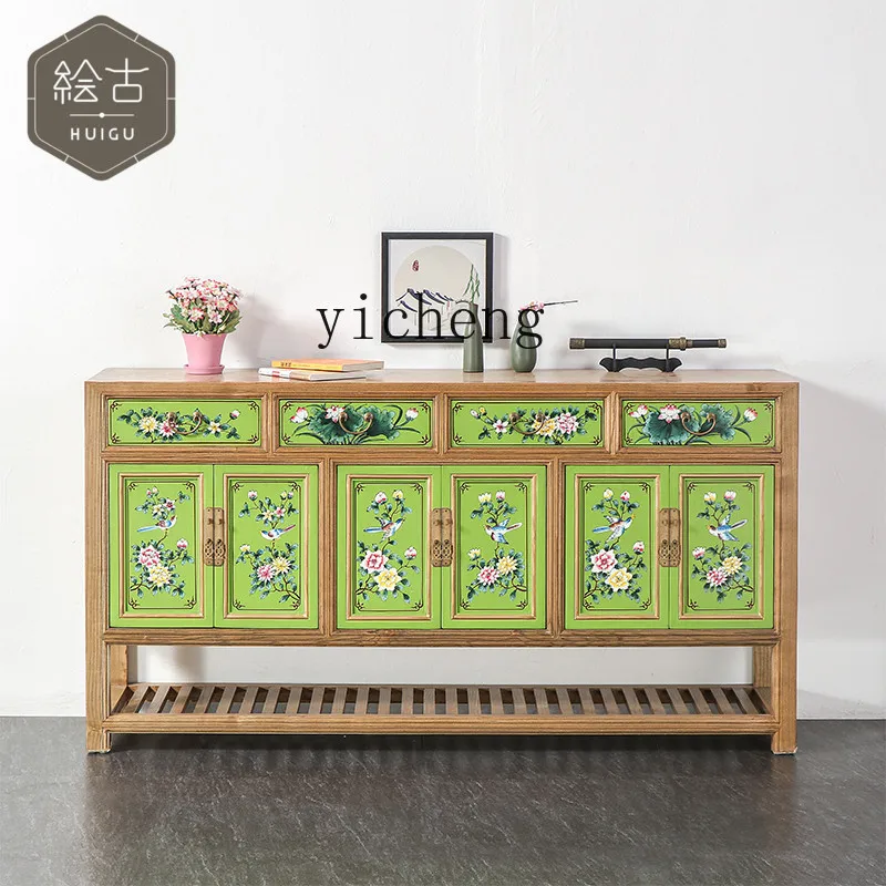 

FY Hand-painted Solid Wood Sideboard Storage Cabinet Elm Wood Entrance Partition Shoe Cabinet Complete Furniture