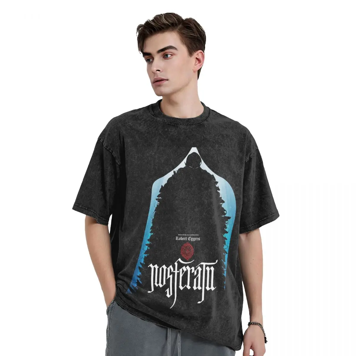 

Nosferatu Movie Logo Washed T Shirts Vintage Short Sleeve Hip Hop T-Shirt Streetwear Tops Tees for Men Women