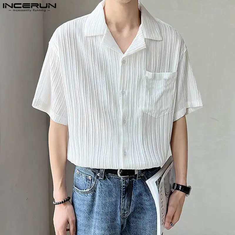 INCERUN Men Shirt Folds Striped Lapel Short Sleeve Button Korean Casual Shirts 2024 Streetwear Summer Leisure Men Clothing S-5XL