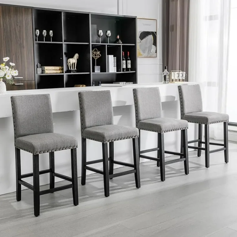 24'' Bar Stools Set of 4, Counter Height Bar Stools with Backs, Nail Head Barstools with Wood Legs, Upholstered Kitchen Island