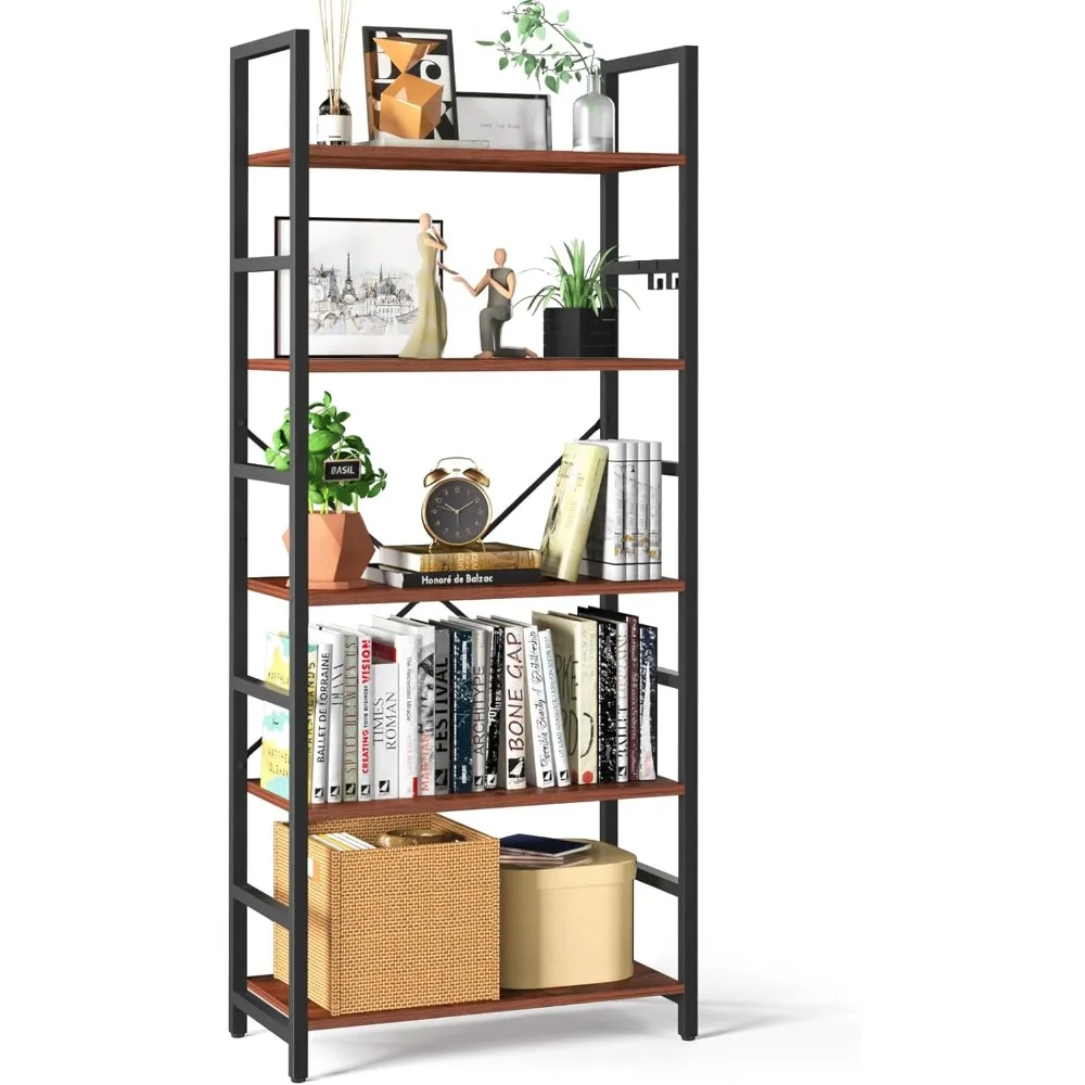 Bookshelf, 5 Tier Bookshelf - Tall Book Shelf Modern Bookcase for CDs/Movies/Books, Rustic Book Case Industrial, Bookshelf