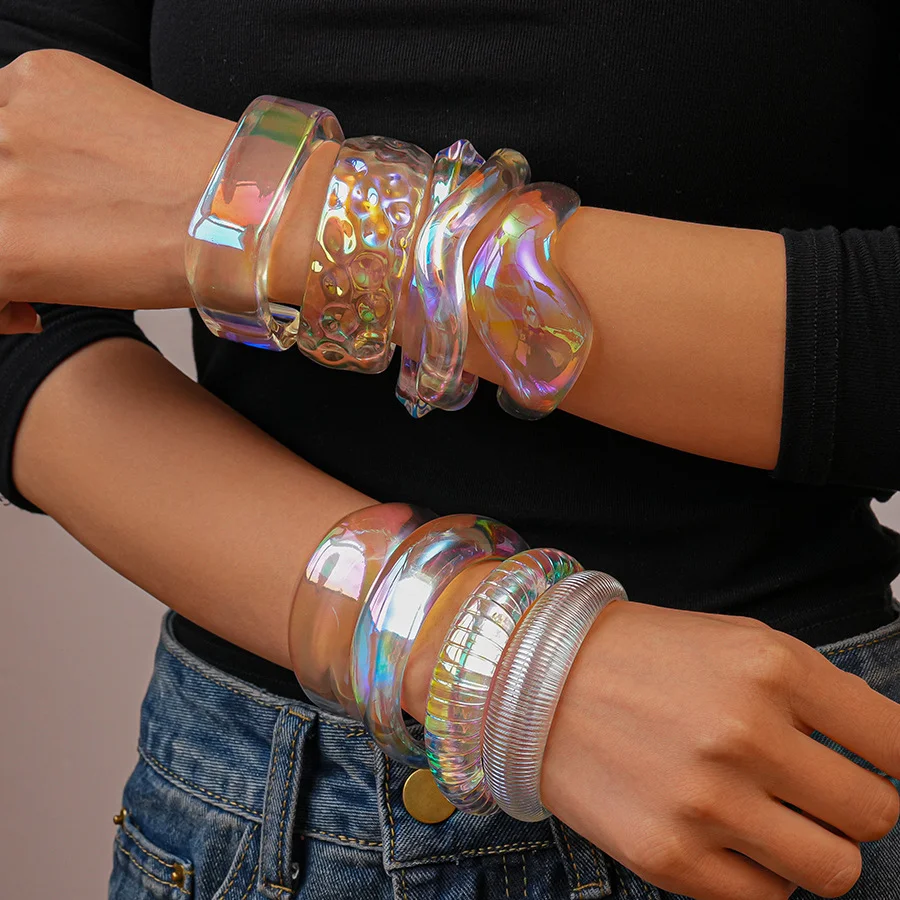 Bohemia Transparent Colorful Acrylic Opening Bangle for Women Irregular Large Wide Cuff Bracelet New Trend Couple Jewelry