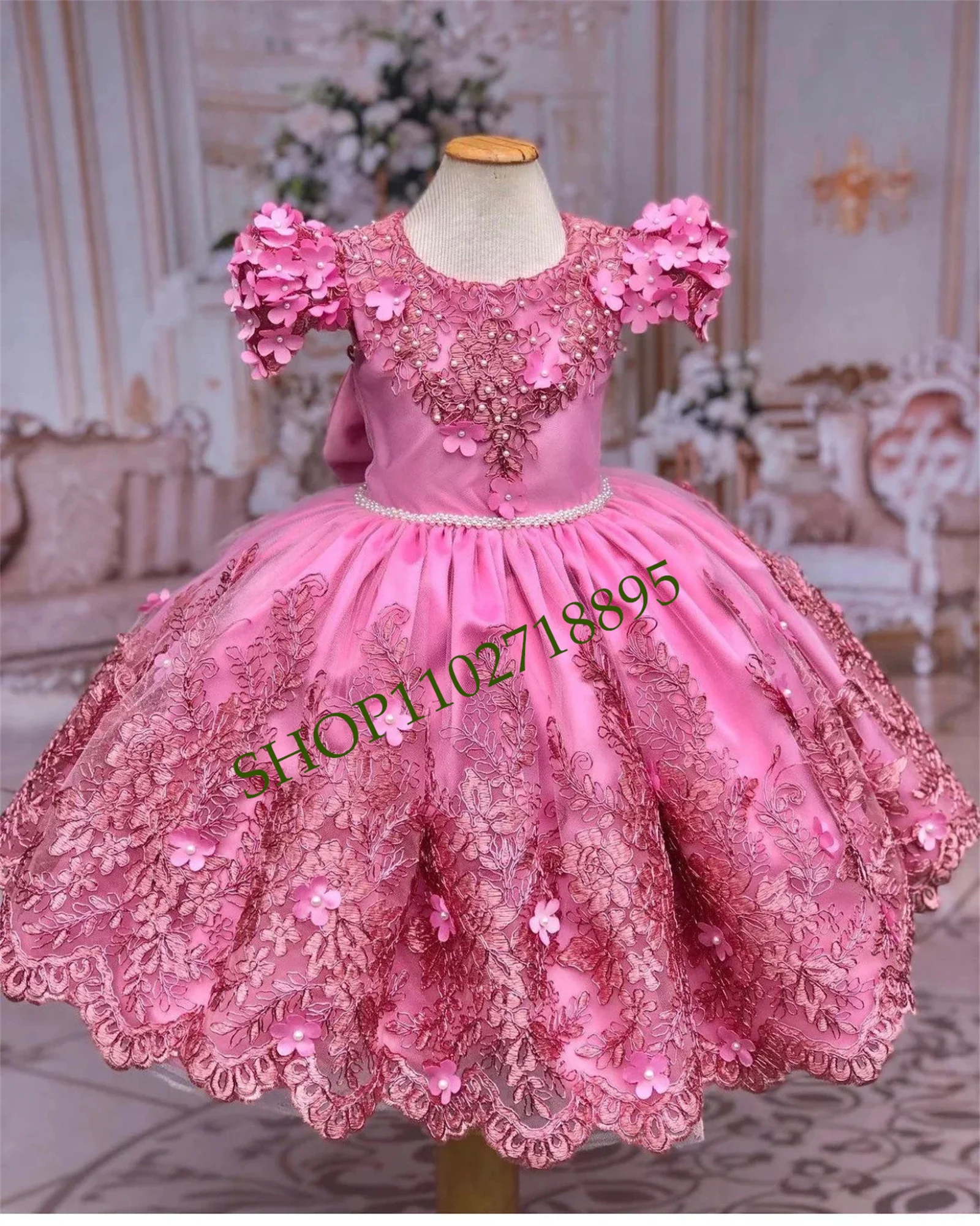 

New Pink Flower Girl Dresse Beads With Pearls Bow Puffy O-neck Birthday Party Pageant Dress Kids Baby For Wedding Ball Gown
