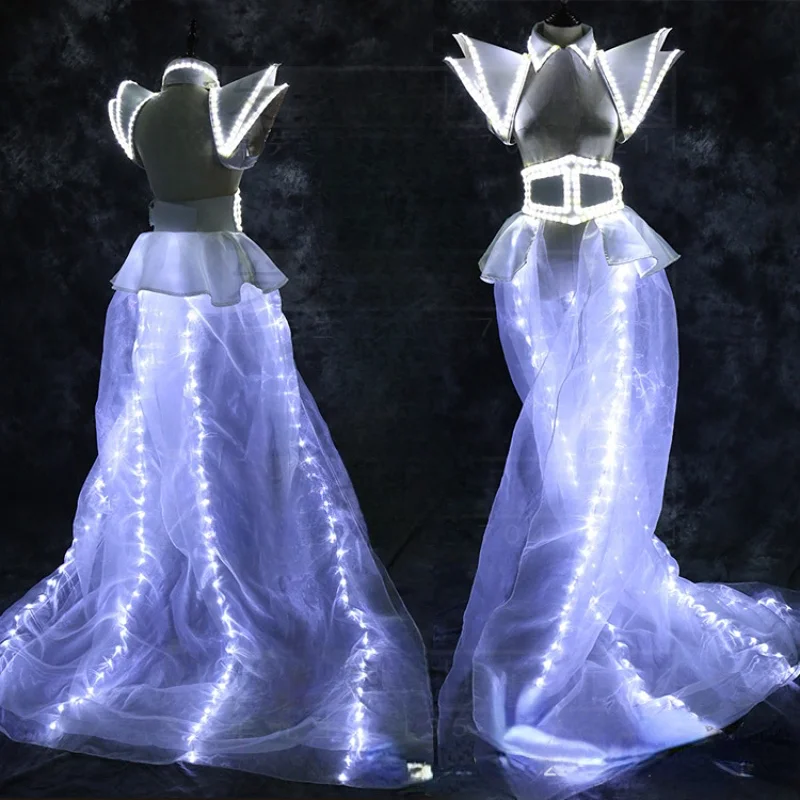 LED Long Skirt Woman Party Light Up Clothing Top Costume  Fancy Wedding Dress Stage Performance Nightclub Rave Outfit Festival