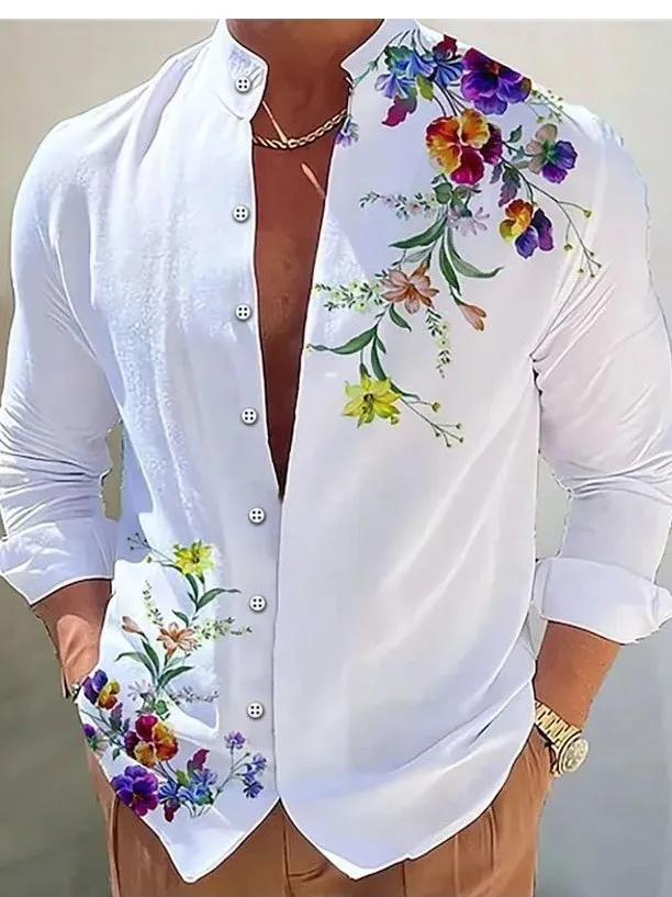 

Мужская рубашка с длинным рукавом и принтом, воротник-стойка, модная городская повседневная одежда свободного кроя из полиэфирного волокна для молодежи