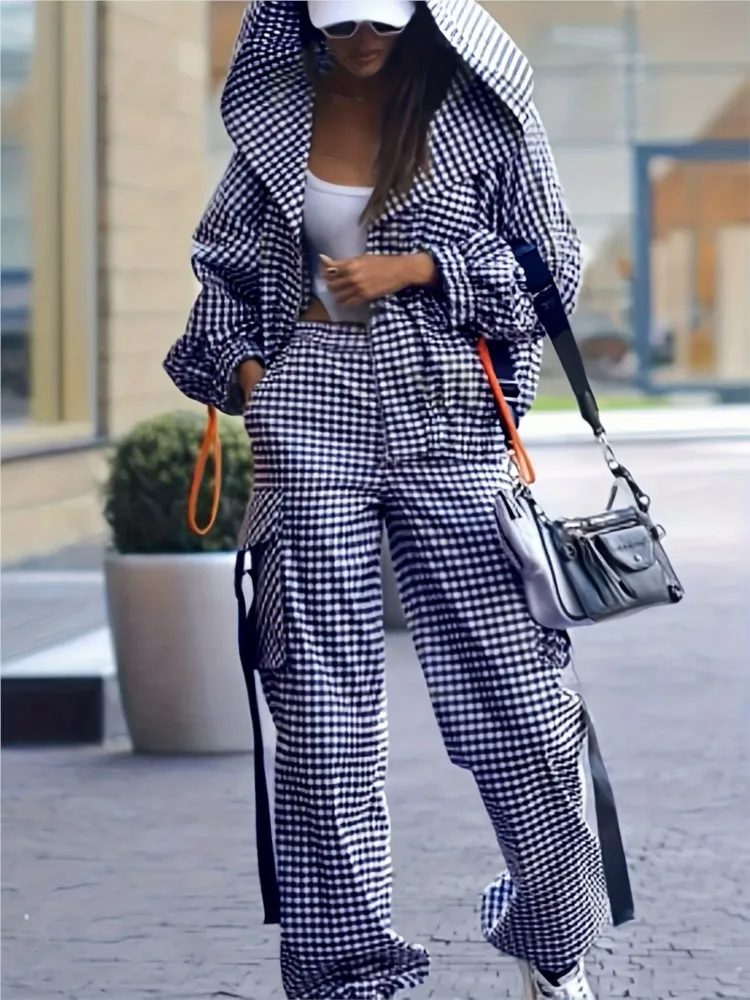 

New Spring Autumn Casual Plaid Print Pocket Hooded Loose Two Piece Sets Women's Fashion Hooded Zipper Top + Cargo Pants Suit