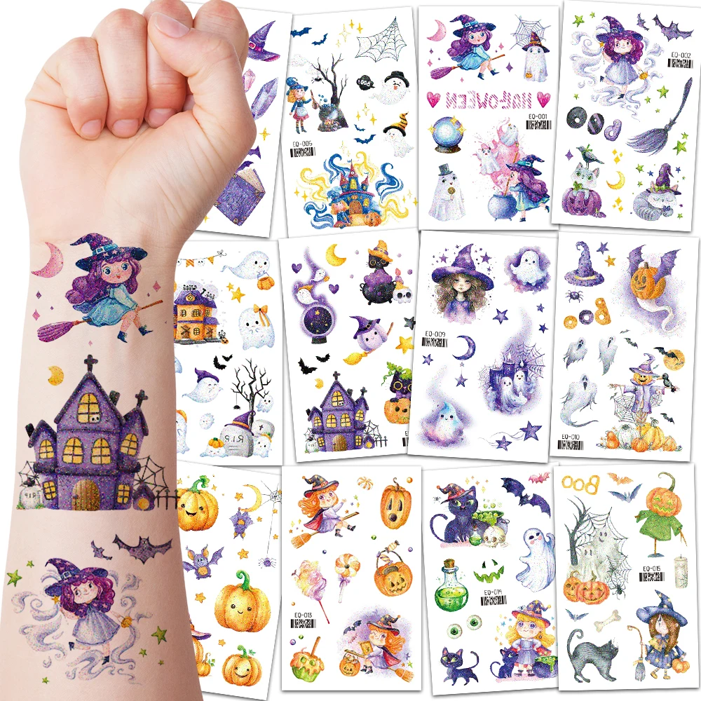 

Хэллоуин Блестящие Временные Татуировки - Водонепроницаемые Блестящие Принцесса Ведьма Фея Тыква Призрак Волшебный Школьный Дизайн, День Рождения