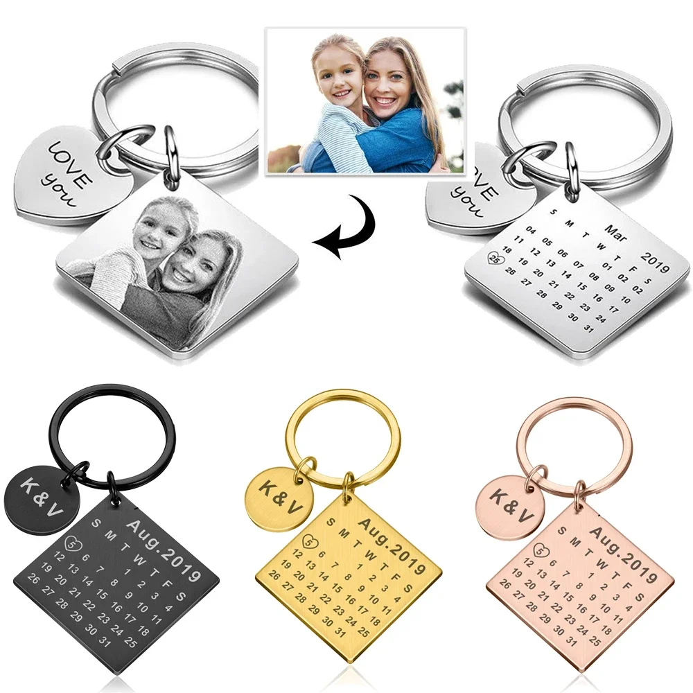 Stainless Steel Personalized Calendar Birthday Date Keychain Custom Family Couple Photo Keyrings For Women Men Gift