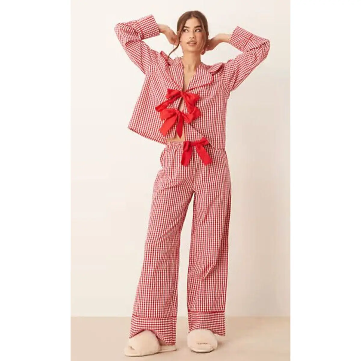 

Combhasaki Women 2Piece Plaid Print Loungewear Outfits Set Bow Tied Lapel V-Neck Shirt + Elastic Waist Wide Leg Long Pants Pjs