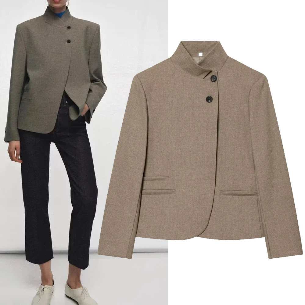 High Collar Double Breasted Commuter Women's  Outerwear Knowledge Minded Style Cross Border Design Straight Cut Fit