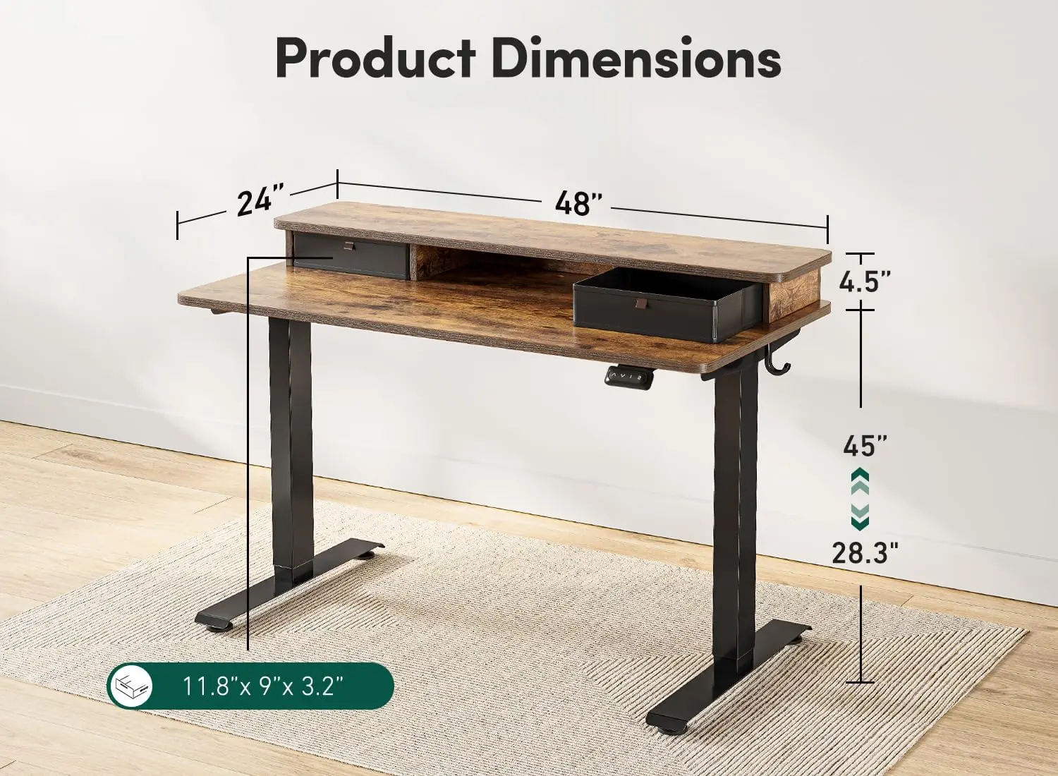 Bureau sur pied électrique réglable avec double MEL, bureau debout avec étagère de rangement, 48x24 pouces, recommandé