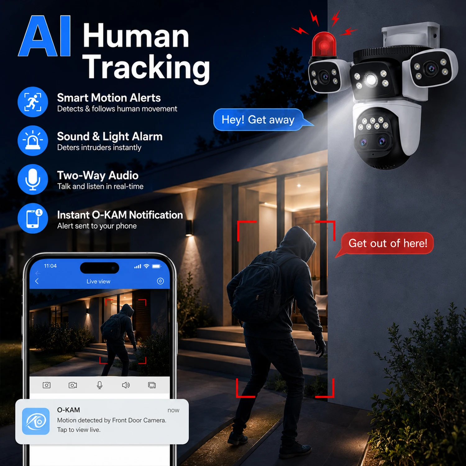 Cámara de Seguridad WiFi PTZ AUBERON de 20MP para Exteriores, Zoom 10X, Cuatro Lentes, Audio Bidireccional, Seguimiento Automático de Personas, Visión Nocturna para el Hogar, IP CCTV