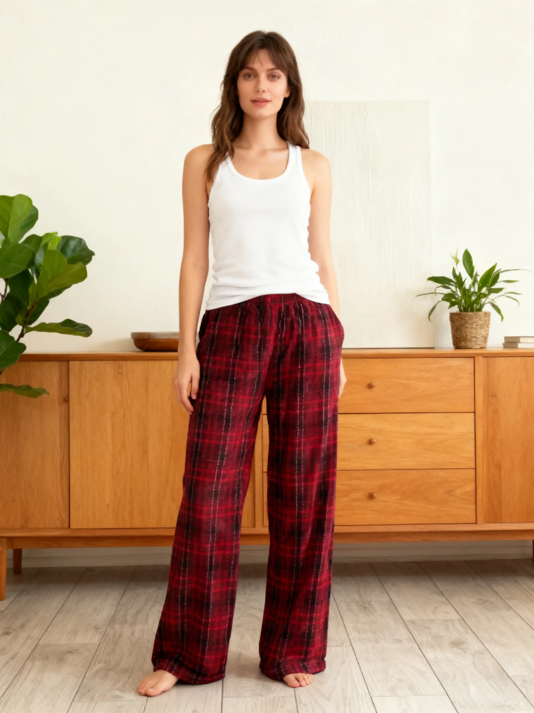 

British Retro Check Flannel Trousers, Burgundy Warm Home Pants, Casual Strolling Pants for Couples, Perfect for Leisure Wear!