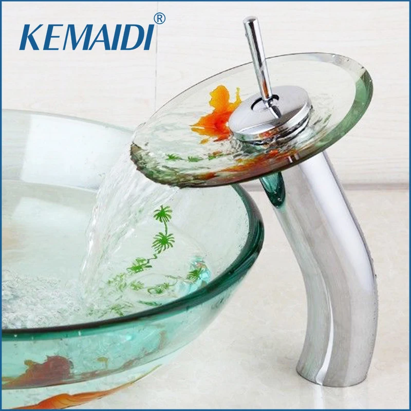 

KEMAIDI Bathroom Sink Tap Mixer Only Faucet Goldfish Design Chrome Brass Transparent Tempered Glass Waterfall Faucet Glass Tap