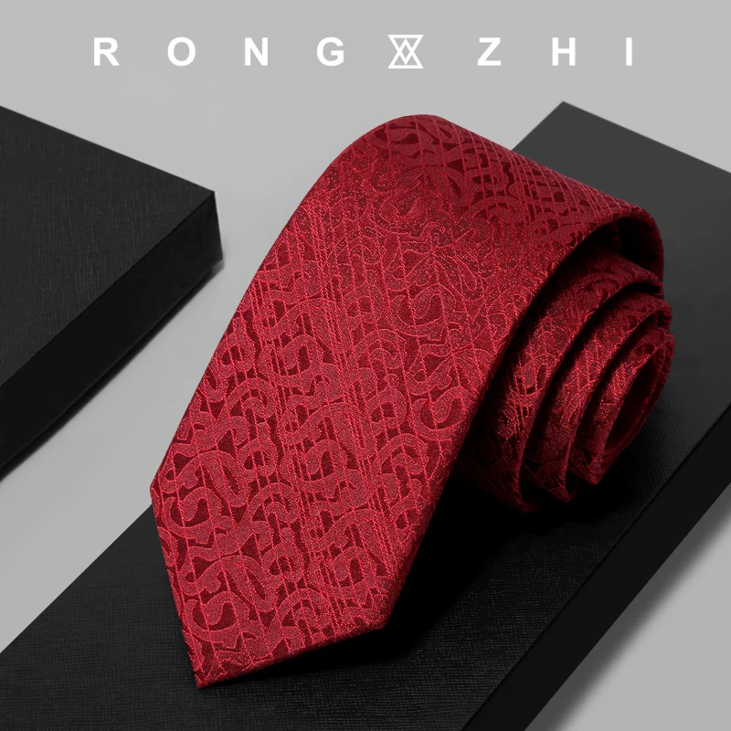 rongzhi-高級マルベリーシルク赤模様ネクタイ-メンズ用、高級新郎の結婚式のフォーマルウェア、ビジネスファッションスタイル