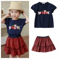 Summer New Children's Sets Girls T-shirts Baby Skirt Set Cartoon Embroidered T-shirt Kids Checkered Skirt Baby Girl Clothes