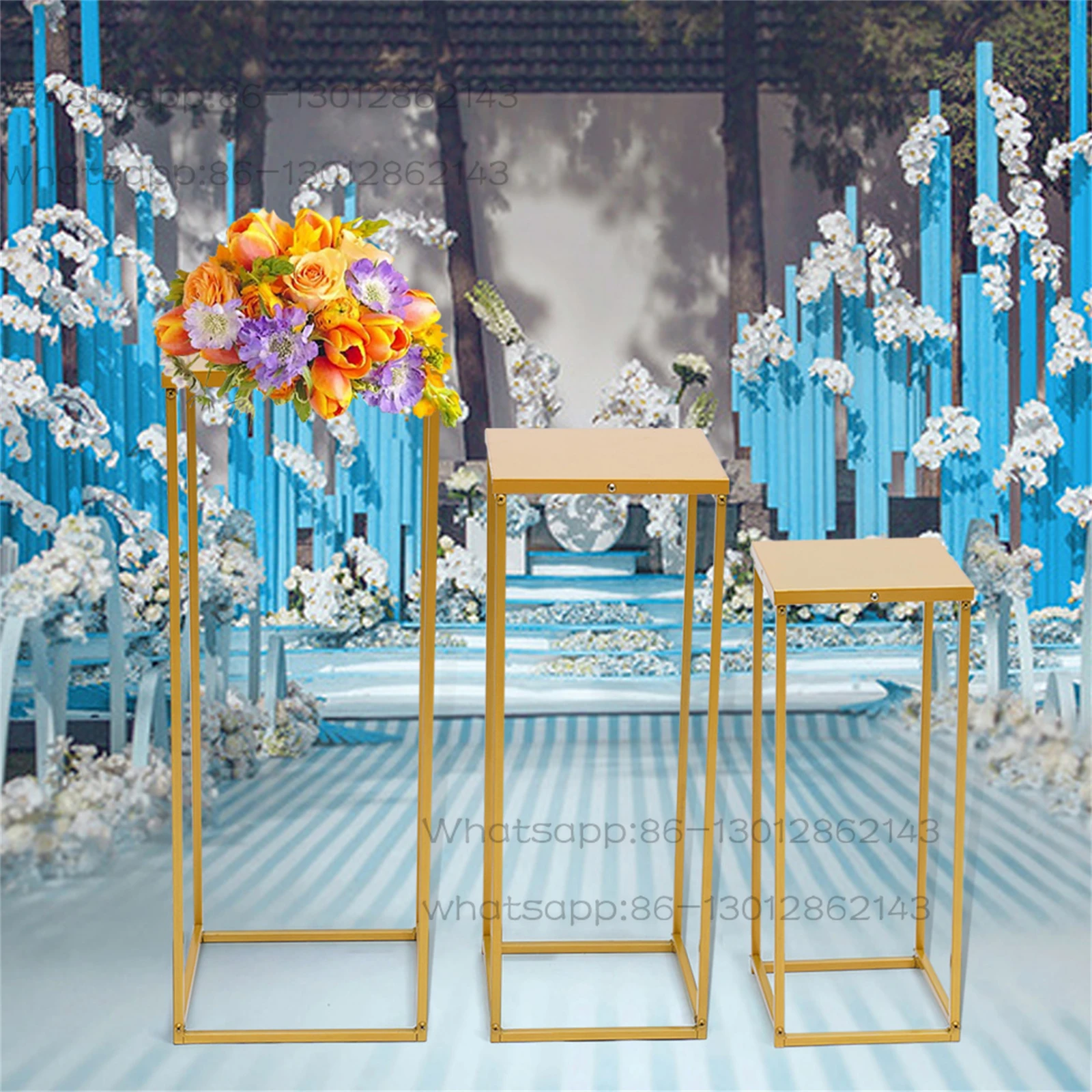 A set of 3 square metal flower racks and plant racks