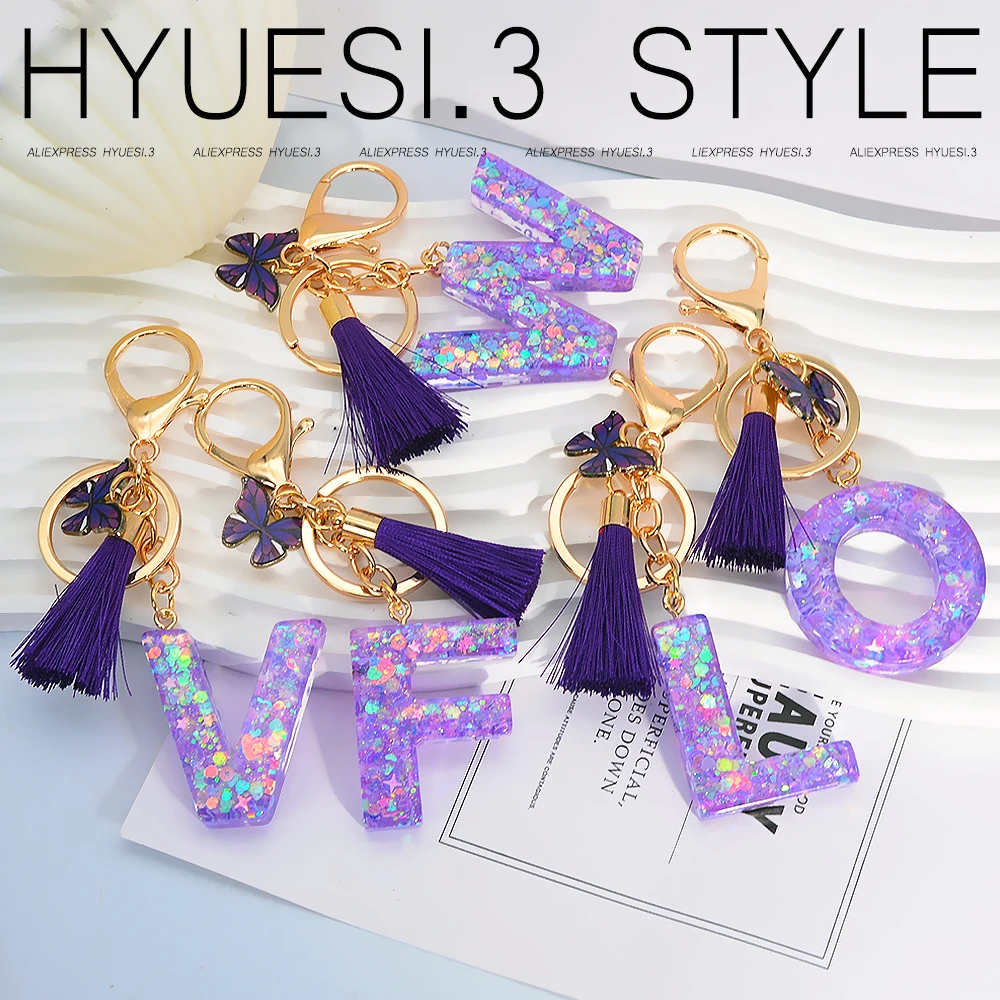 A-Z Resin Letter Keychain Purple Butterfly Tassel Initials Pendant Key Rings Purse Backpack Decoration Kid Girls Party Gifts