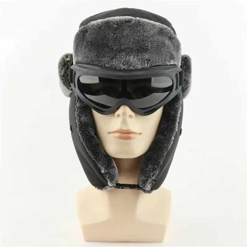 Gorros militares Ushanka del ejército de esquí nevado con gafas de piel de conejo de imitación piloto orejeras cazador hombres mujeres invierno cálido bombardero impermeable