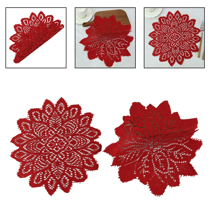 Christmas Placemat Red Round Diameter 30cm Coaster Knitted Lace Tricot Lace For Home Decor Party New Year Ornament Accessory