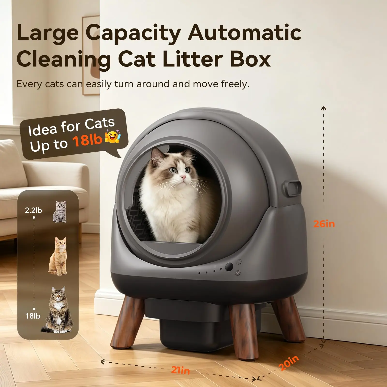 Self Cleaning Litter Box, 8 Safety Sensors, App Control, Gray