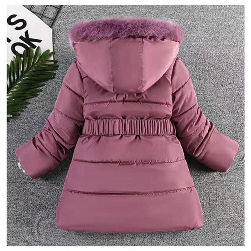 -30°C Winter Padded Jackets Girls Plus Velvet Thicken Warm Coat Hooded Zipper Fur Collar Princess Outerwear Children Clothing