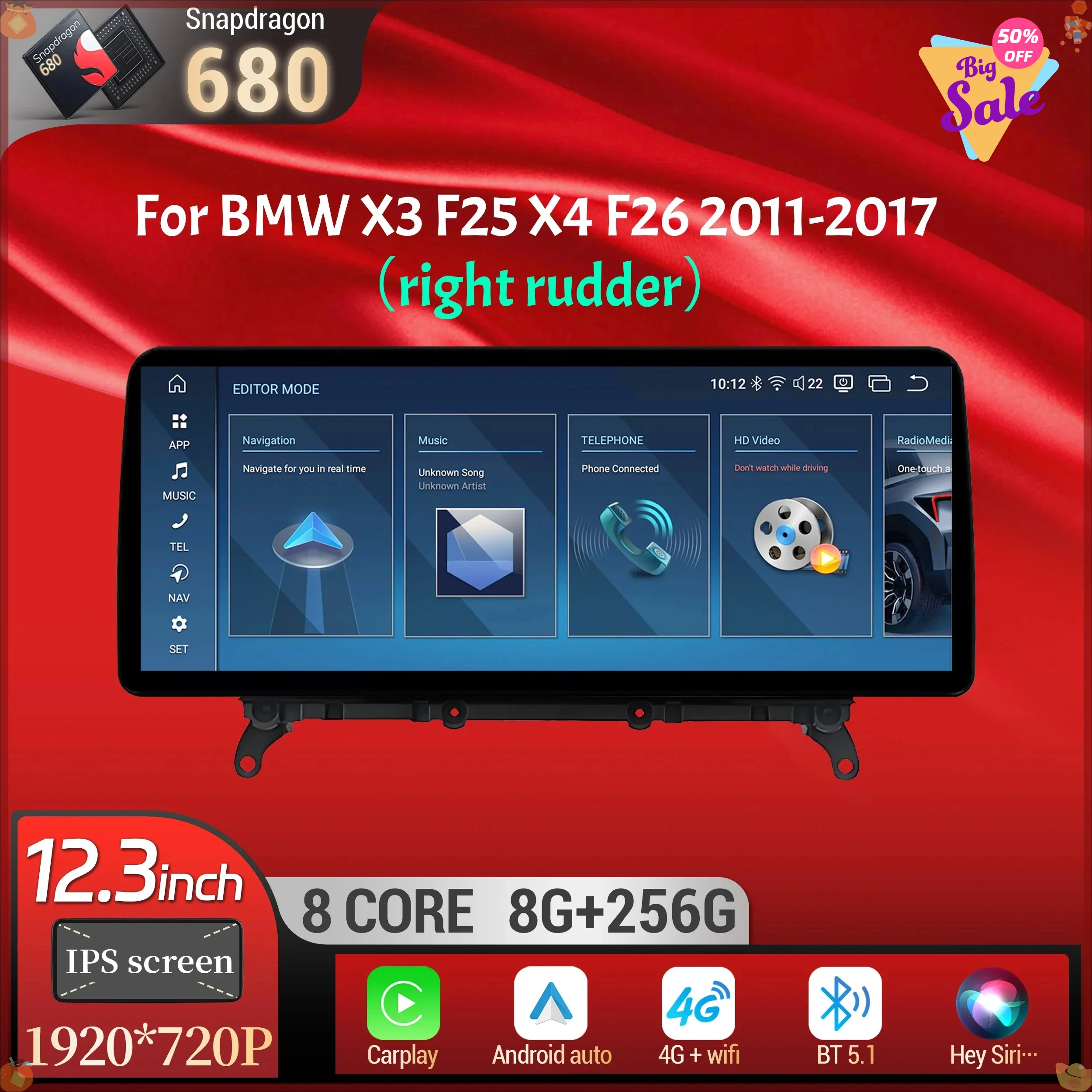 12.3 inch For BMW X3 F25 X4 F26 2011-2017 Right Hand Drive Android 14 Car Radio Wireless BT Carplay Snapdragon 680 Touch Screen