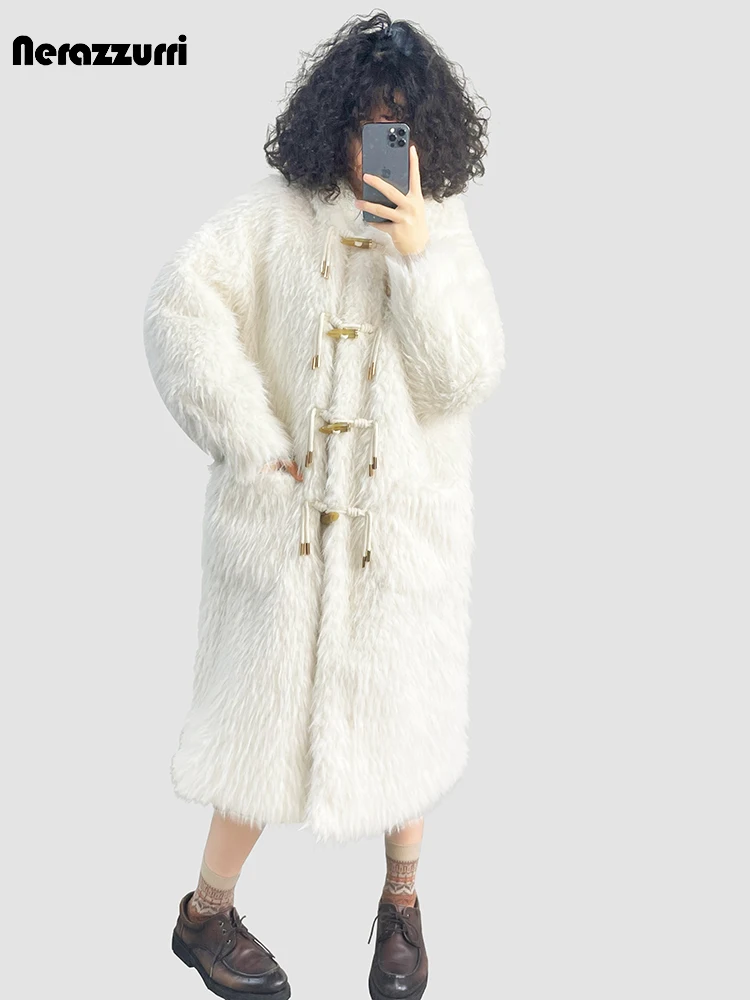 Nerazzurri Autumn Winter Long Shaggy Hairy Thick Warm Soft Faux Fur Coat Women with Horn Buttons Preppy Style Fluffy Jacket 2023