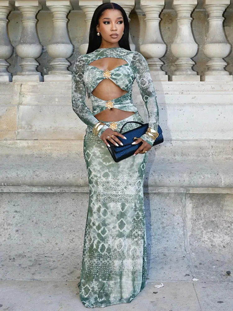 Xiaotang oco para fora manga longa impressão sexy maxi vestido feminino elegante malha o pescoço cintura alta bodycon clube festa vestido impresso