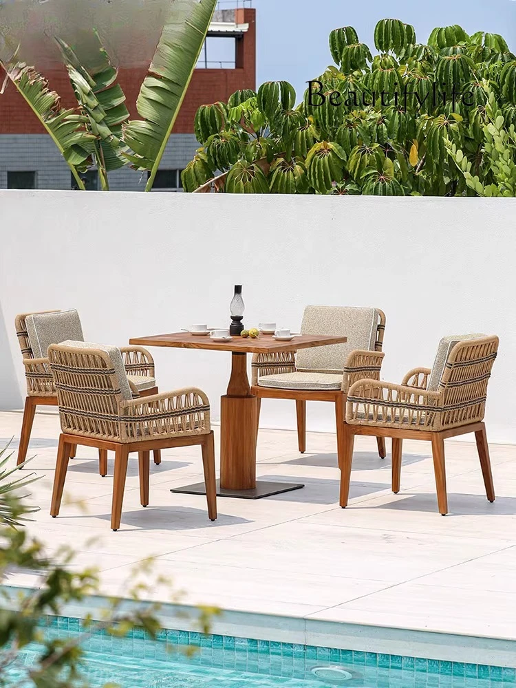 

Outdoor table and chair courtyard villa Myanmar teak square table open-air log outdoor terrace solid wood rattan combination
