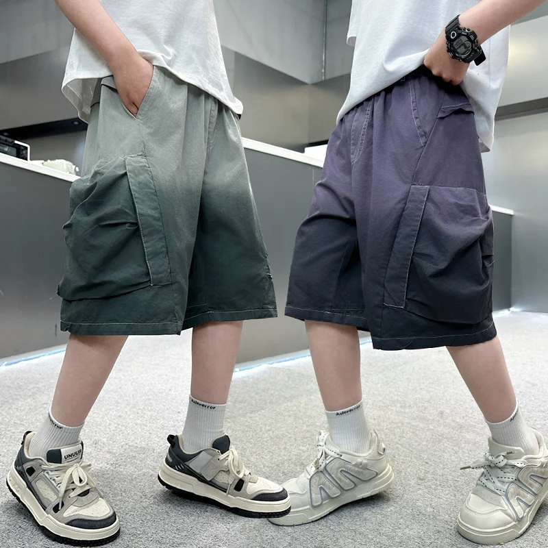 New Stylish Kids Cotton Summer Cargo Shorts Boys Casual Pocket Streetwear Short Pants Tweens Child Gradient Soft Fabric Shorts