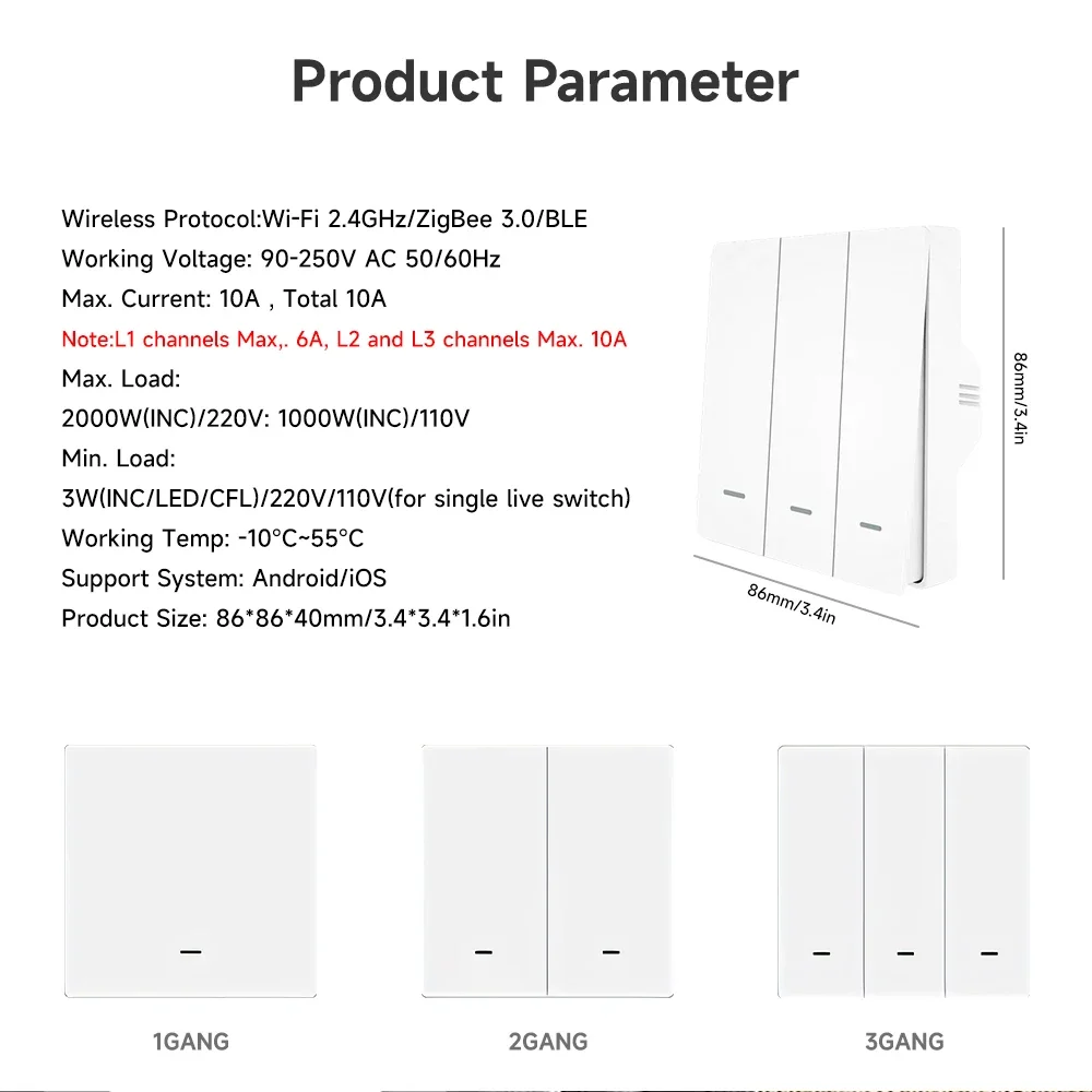 Interruptor de luz inteligente Tuya ZigBee, dispositivo de 1 a 3 entradas, funciona con Alexa, Google Home, cero fuego, capacitancia de cinta