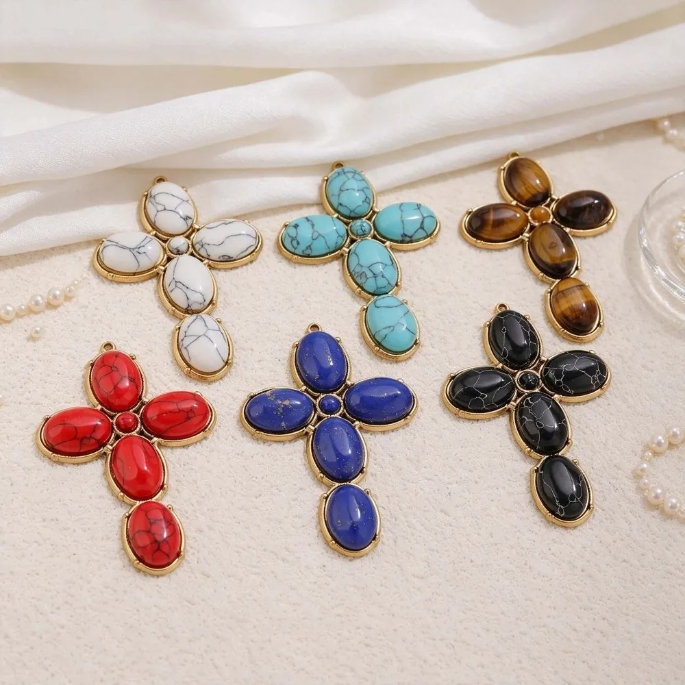 Oval Shape Gemstone Cross Pendant Vintage Crack Distressed Natural Stone Pendant DIY Accessories Gold Plated Pendants for Girls