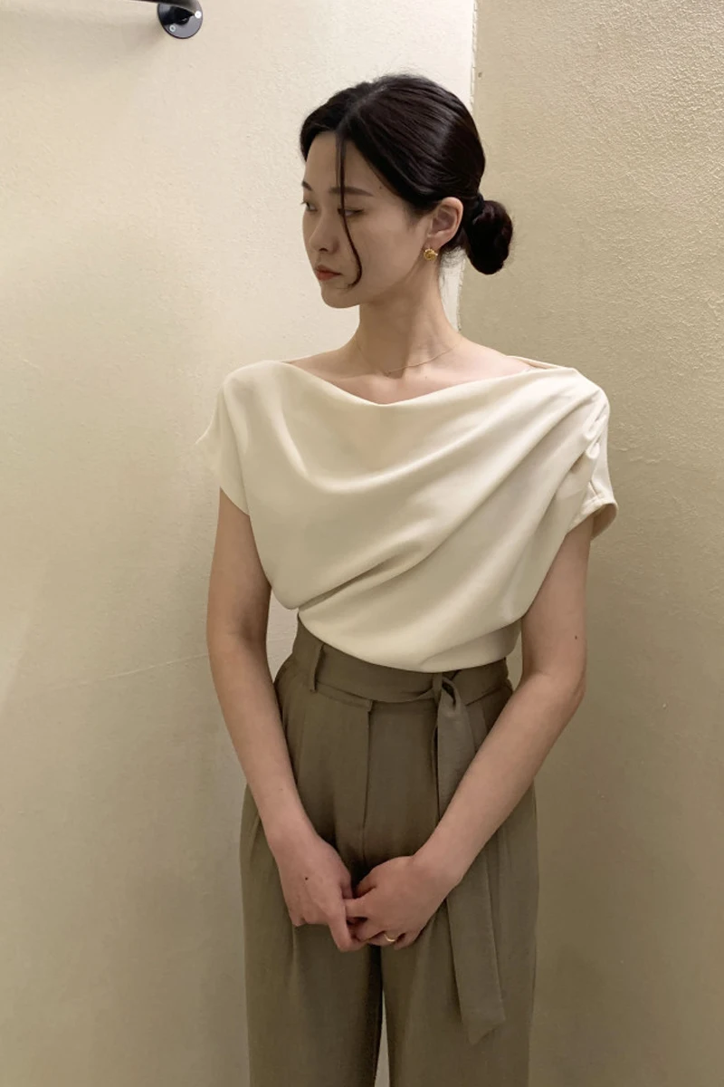 Ele One-shoulder ort-Sve Damska bluzka koreańska, dopasowany krój, elegancka, codzienna, szykowna, letnia, modny design.