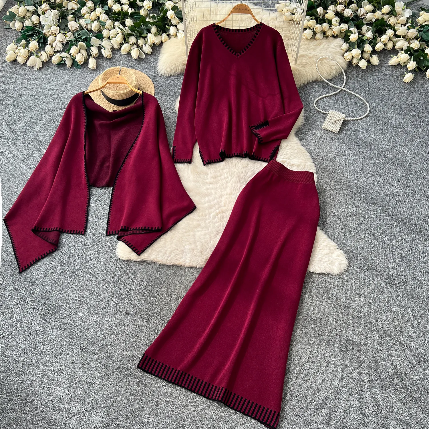 Women 3 Piece Sets Skirt Set Full Sleeve Tops Mid Length Coat Long Skirts A Line High Waist Y2k Streetwear Elegant Work Autumn