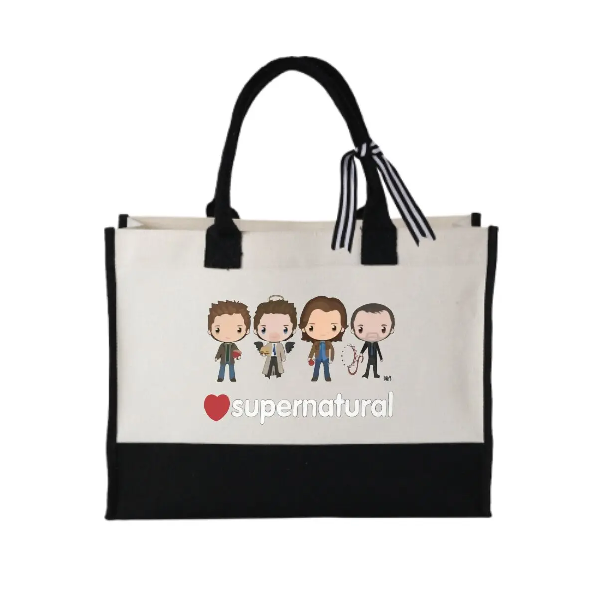 

Supernatural Chibi Character Themed Design Lightweight Shopping Tote Simplicity Patchwork Canvas Bag