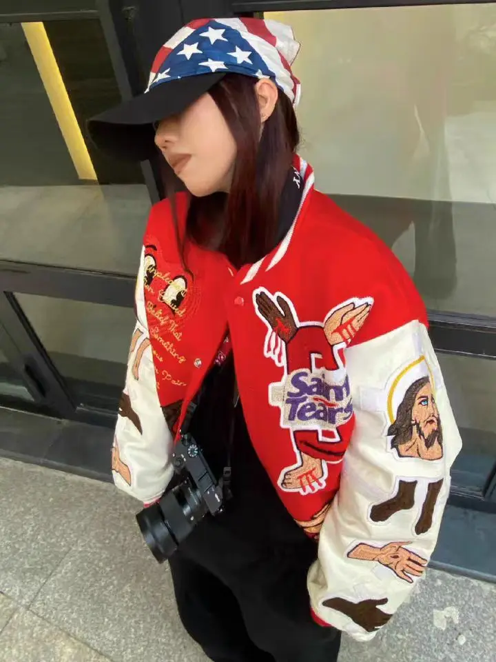 Retro American Red Embroidery Patch Baseball Jaet Women's Spring 2025 Street Sle Couple's Outerwear New Year's Coat