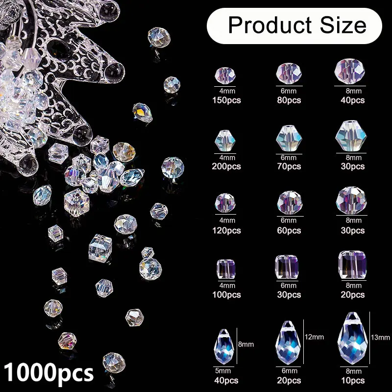 1000PCS Assorted Crystal Beads Kit Jewelry Beads Bulk with Container Box for DIY Necklace Bracelet Earring(4/6/8mm, AB Color)