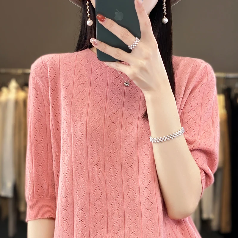 

Свободная футболка Slim Fit round Ne Knitwear ort Sve Five Button Pure Color Casual Summer Faion Commute Sle