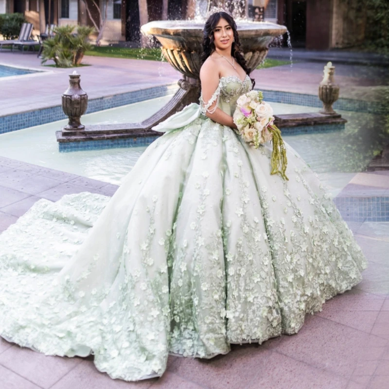 

Light Green Shiny Quinceanera Dresses Off The Shoulder Applique Flower Beading Crystal Bow Tull Party Birthday Sweet 16 Dress