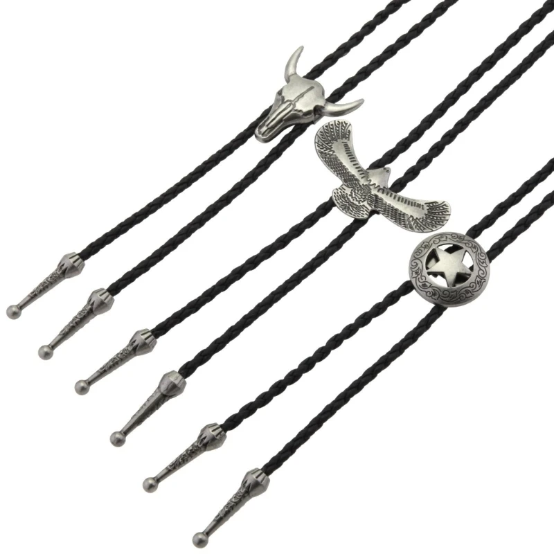 Bolo Tie Hipsters Costume Neck Tie Metal Pendant Rope Tie for Formal Event 3PCS K3KF